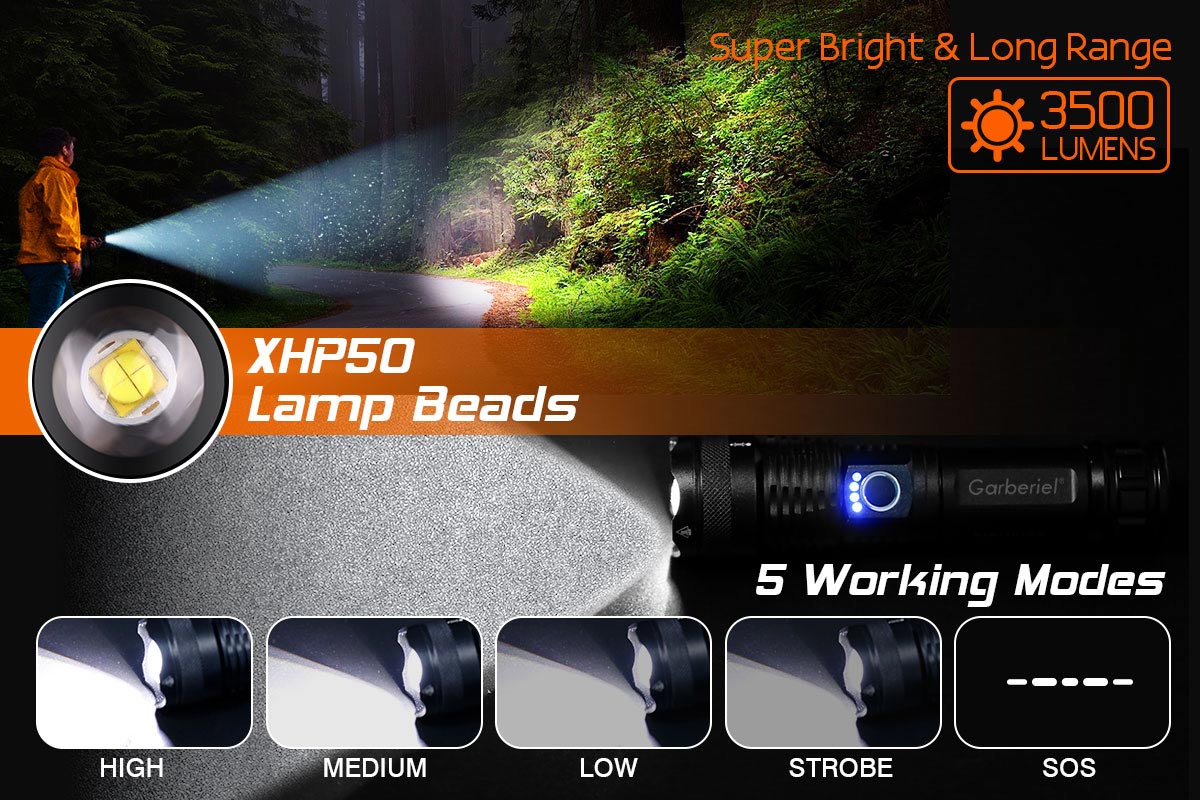 Garberiel XHP50 3500 Lumens Rechargeable Flashlight