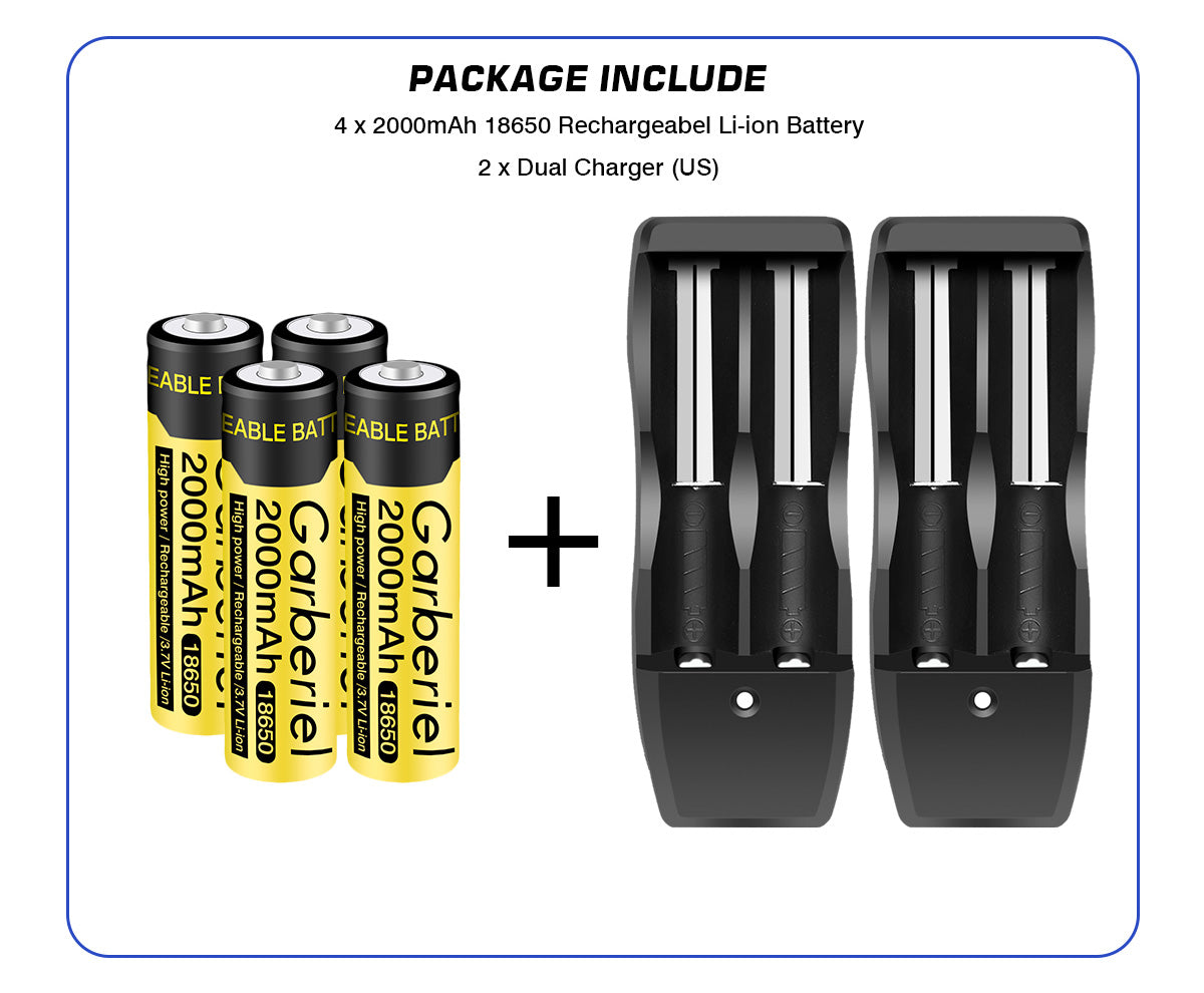 4 Pack 2000mAh Rechargeable 18650 Battery & 2 US Dual Charger