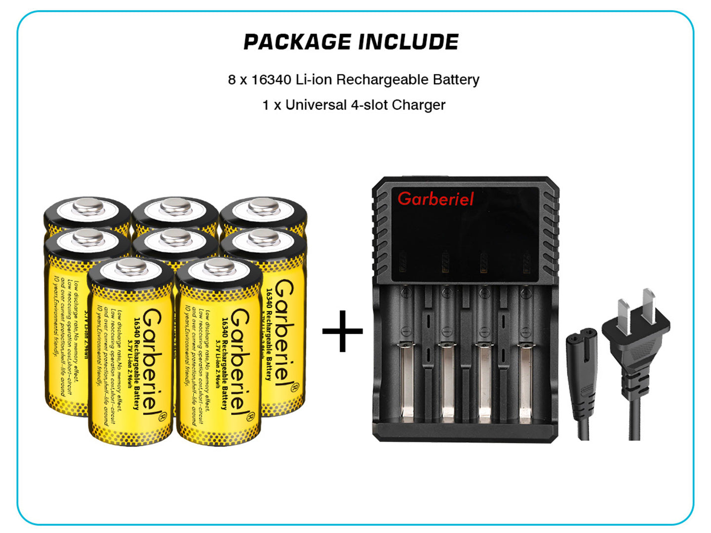 8PCS 16340 Rechargeable Batteries + US 4 Slot Battery Charger