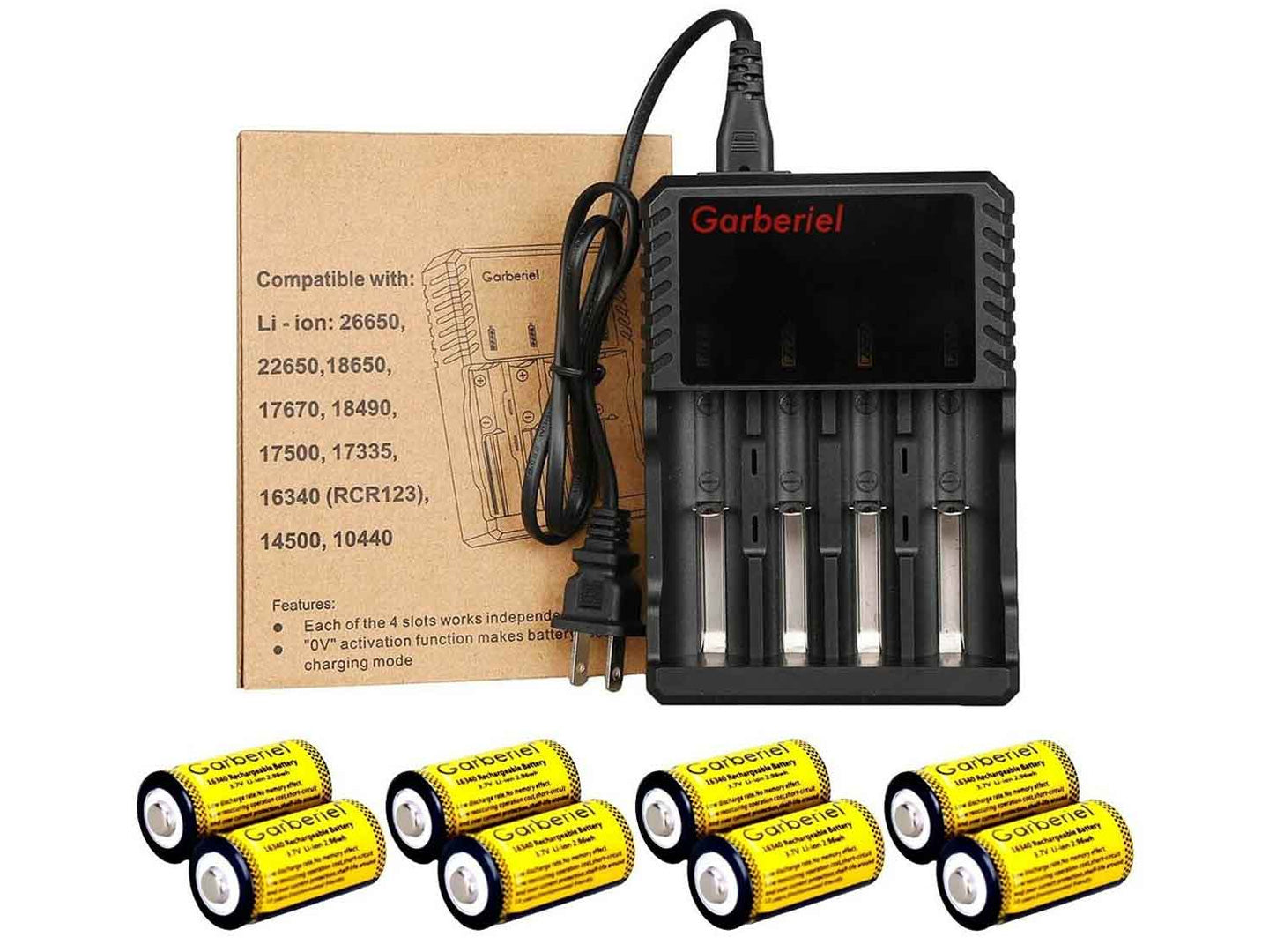 8PCS 16340 Rechargeable Batteries + US 4 Slot Battery Charger