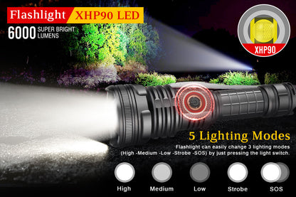 XHP90 Rechargeable Flashlight 5 Modes with Battery Set