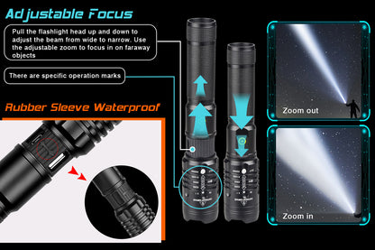 2 PACK XHP50 LED Waterproof Flashlight with Battery