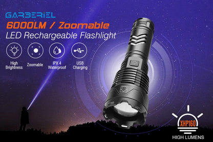 Garberiel XHP160 Zoomable Flashlight with Battery